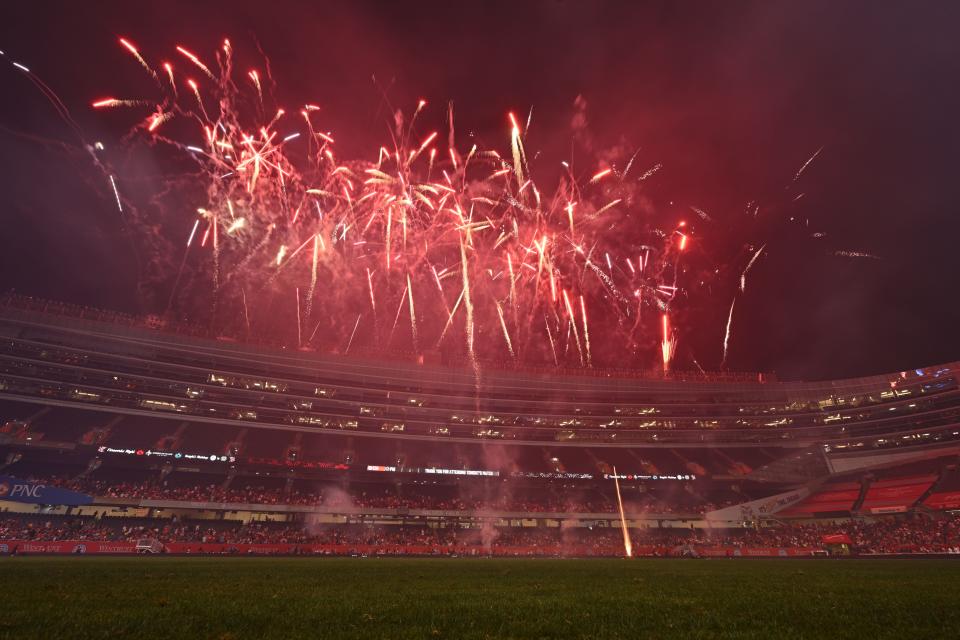 Fans are treated to a fireworks show at Soldier Field in Chicago on July 3, 2024. A man died after handling a firework on the city's Northwest Side on July 4, 2024. The Chicago Police Department said the 34-year-old victim suffered trauma to the body while handling it and was pronounced dead at the scene.