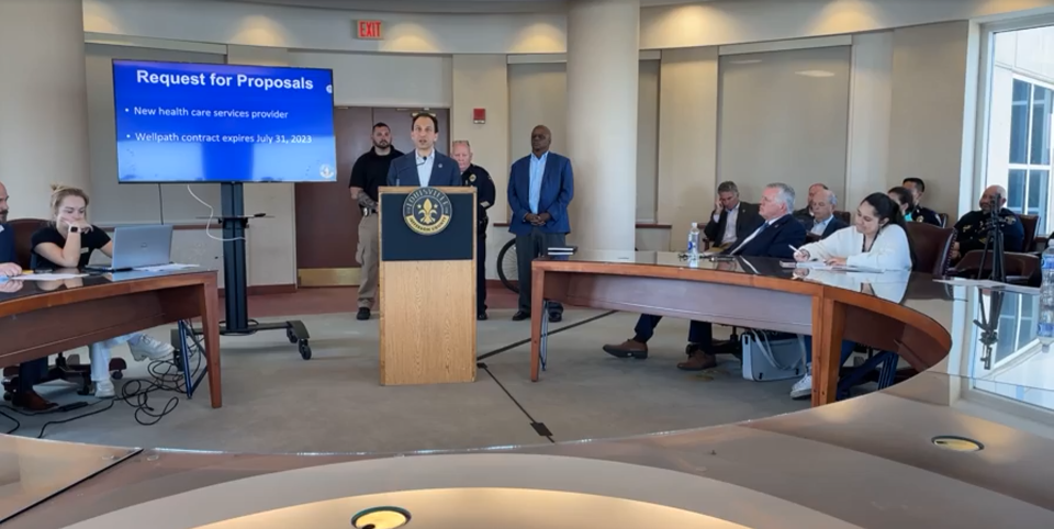In this screenshot from an April 20, 2023, MetroTV livestream, Mayor Craig Greenberg announces that Louisville will issue a request for proposals to cover health care services at Metro Corrections to begin when the city's contract with Wellpath expires on July 31, 2023.