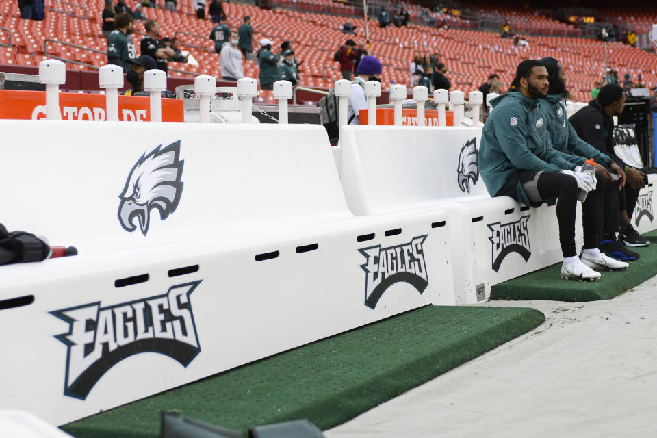 Benches for the Philadelphia Eagles are seen on the sidelines before the start of the first half of an NFL football game against the Washington Football Team, Sunday, Jan. 2, 2022, in Landover, Md. (AP Photo/Mark Tenally)