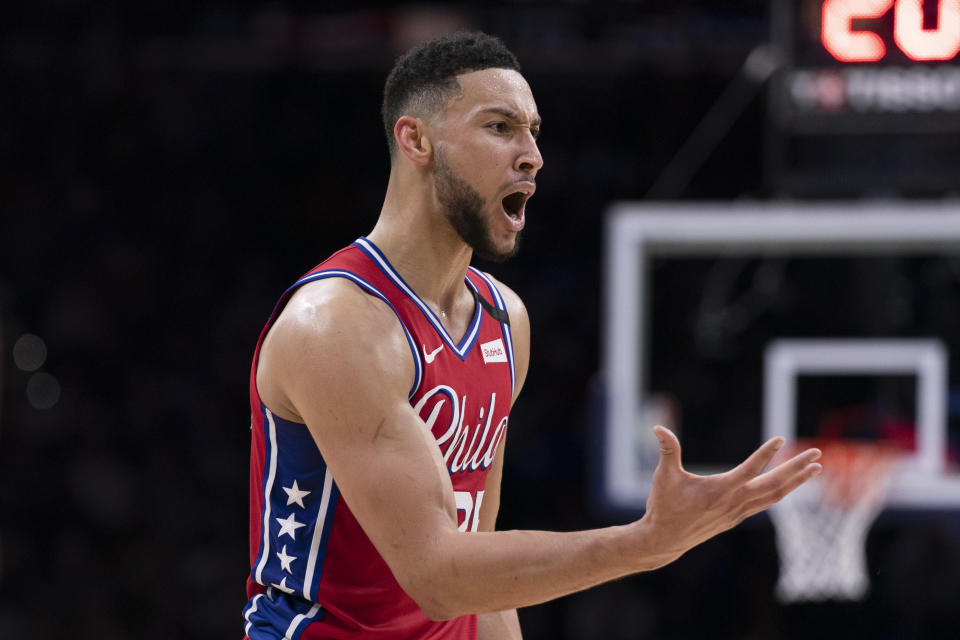 Ben Simmons #25 of the Philadelphia 76ers reacts against the Los Angeles Clippers.