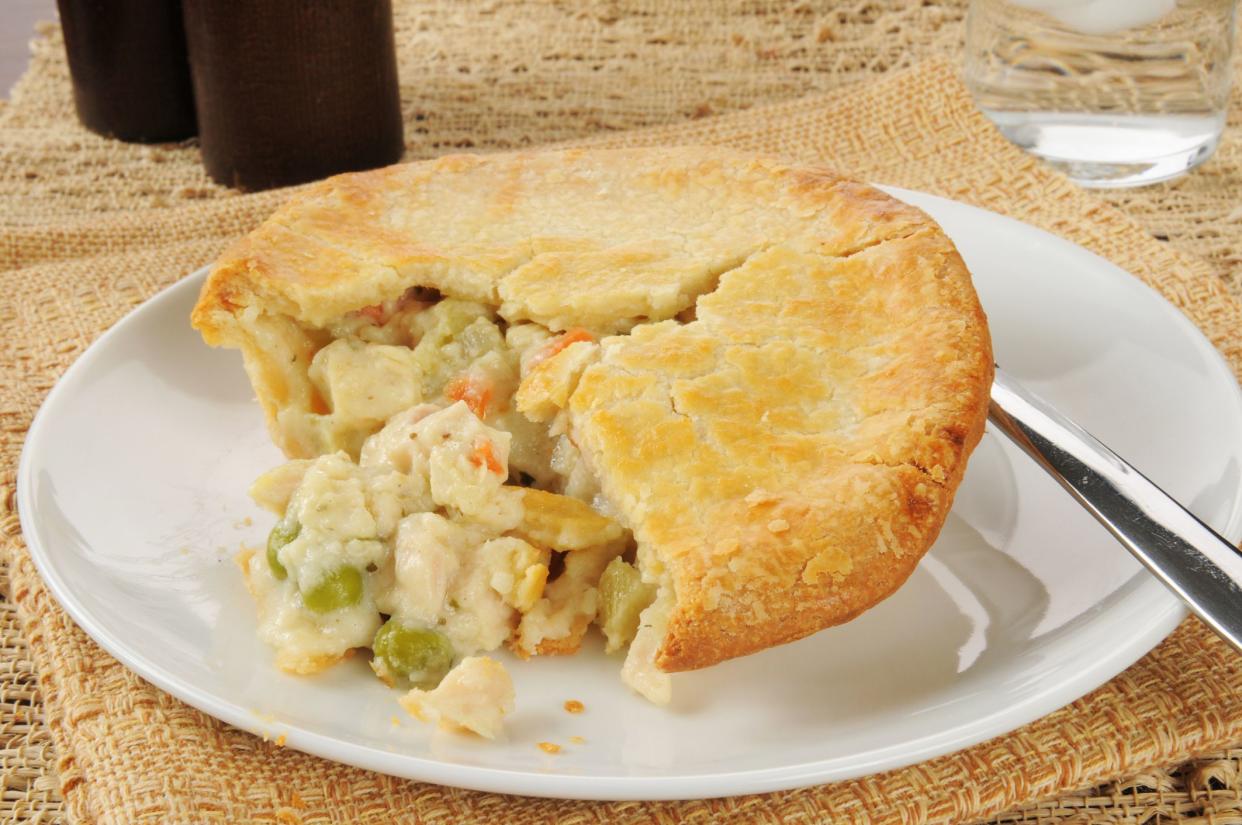 Chicken pot pie with a bite taken out