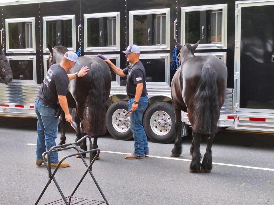 Cassion Unit horses ready for duty in CMPD Officer Joshua Eyer’s processional on Friday, May 3, 2024