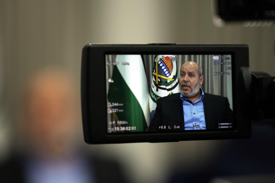 Khalil al-Hayya, a high-ranking official with the Palestinian militant group, who has represented it in negotiations for a ceasefire and hostage exchange deal, speaks during an interview for The Associated Press, in Istanbul, Turkey, Wednesday, April 24, 2024. (AP Photo/Khalil Hamra)