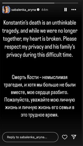 <p>Aryna Sabalenka/instagram</p> Aryna Sabalenka's comment on Konstantin Koltsov's death