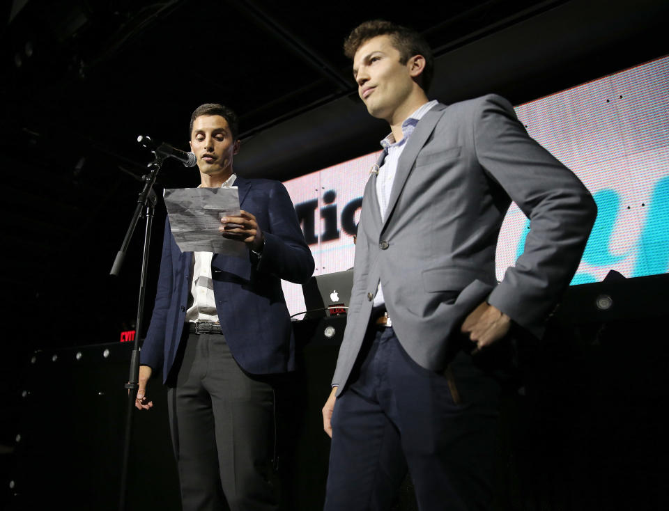 Mic co-founders Chris Altchek and Jake Horowitz speak onstage at the inaugural Mic50 ceremony in New York City in 2015.&nbsp; (Photo: Neilson Barnard via Getty Images)