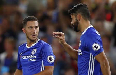 Britain Football Soccer - Chelsea v West Ham United - Premier League - Stamford Bridge - 15/8/16 Chelsea's Eden Hazard celebrates scoring their first goal with Diego Costa Reuters / Eddie Keogh