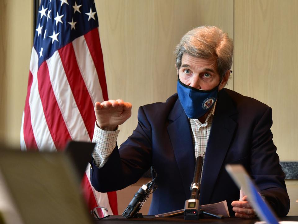 US Special Presidential Envoy for Climate John Kerry speaks during a press conference on 18 April, 2021 in Seoul, South Korea. Mr Kerry struck an agreement on climate change with his Chinese counterpart Xie Zhenhua during talks in Shanghai last week. (U.S. Embassy via Getty Images)