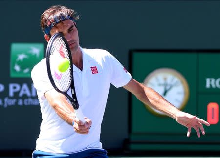 Mar 15, 2019; Indian Wells, CA, USA; Roger Federer (SUI) during his semi final match against Hubert Hurkacz (not pictured) in the BNP Paribas Open at the Indian Wells Tennis Garden. Mandatory Credit: Jayne Kamin-Oncea-USA TODAY Sports