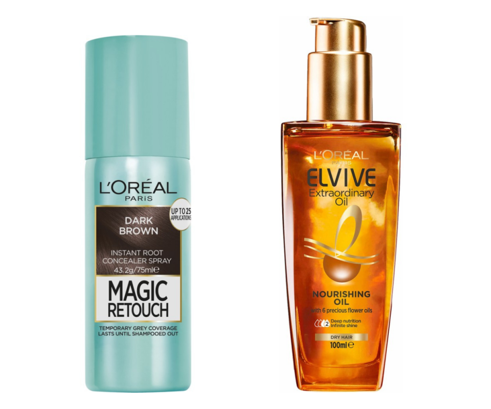 L'Oreal's Magic Retouch hair spray in a blue bottle can on the left against a white background with the Elvive hair oil in an orange bottle on the right.