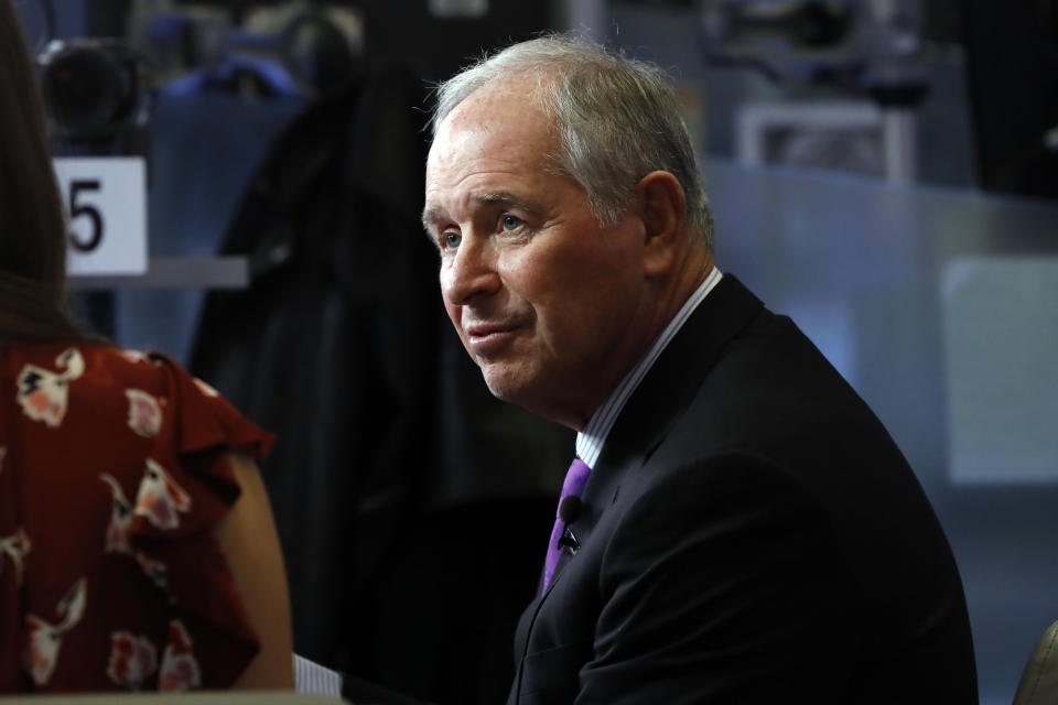 Stephen Schwarzman, chairman, CEO and co-founder of the investment firm Blackstone, is interviewed on the floor of the New York Stock Exchange, Tuesday, Oct. 8, 2019. (AP Photo/Richard Drew)