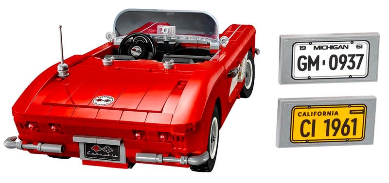 A rear shot of the Lego Icons 1961 Corvette model, plus two images of its extra swappable license plates.