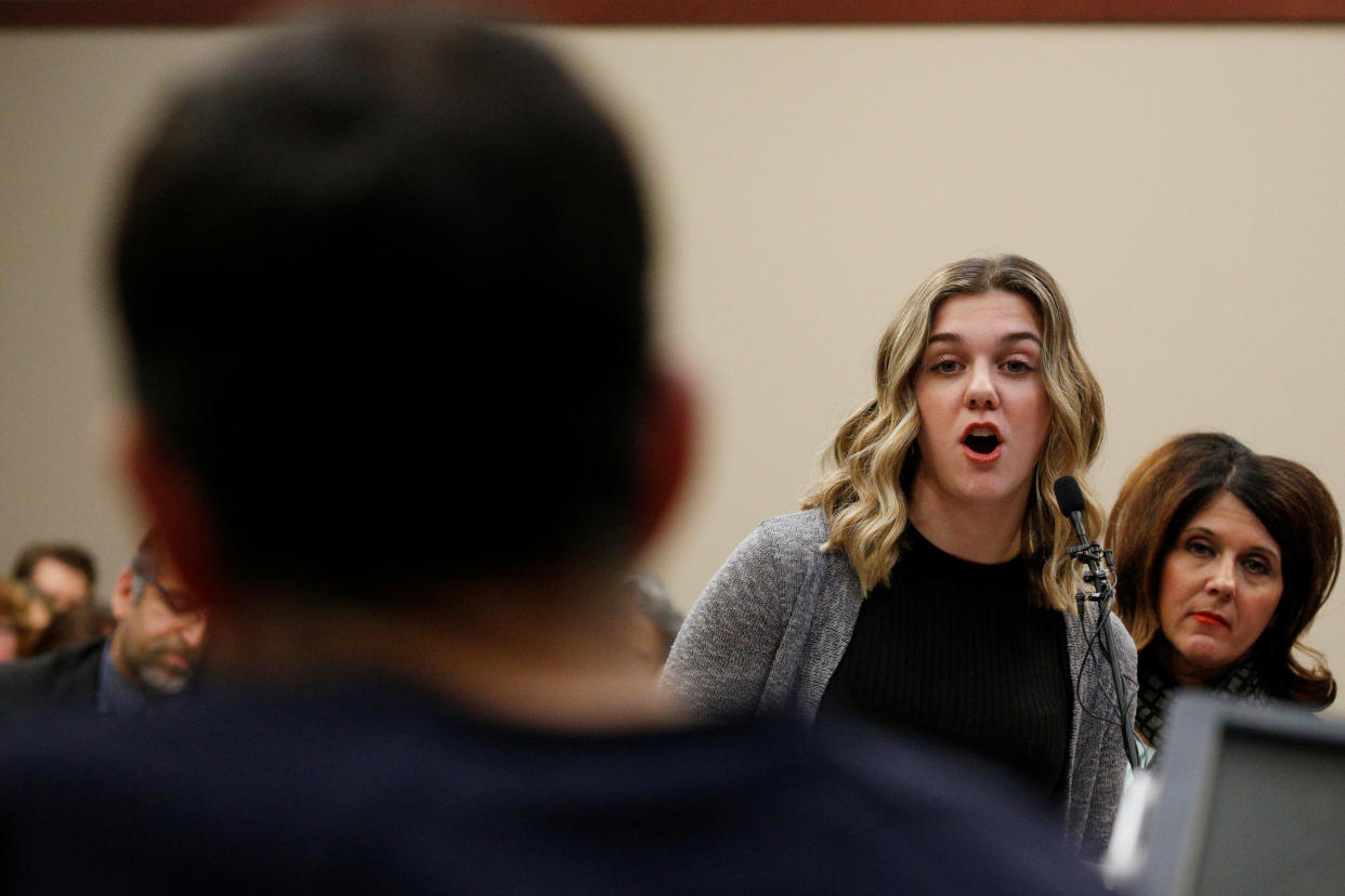 Hannah Morrow speaks at the sentencing hearing for Larry Nassar, a former U.S. women's national gymnastics team doctor who pleaded guilty to sexual assault charges. (Photo: Brendan McDermid/Reuters)