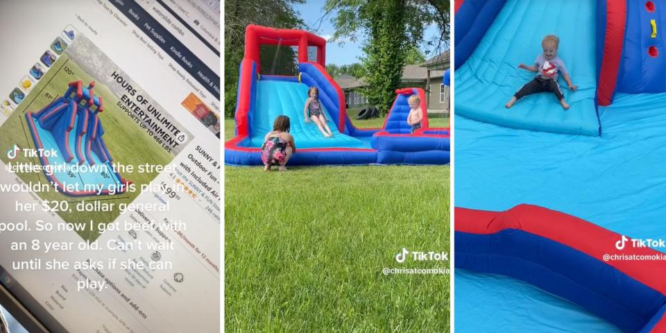 A composite of screenshots from a TikTok which features an image of a TikToker appearing to order a pool on Amazon, alongside images of children playing in the pool.