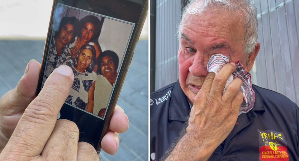 Left - James Michael Widdy Welsh pointing to his phone which displays members of his family. Right - Michael in tears with a hanky to his eye.