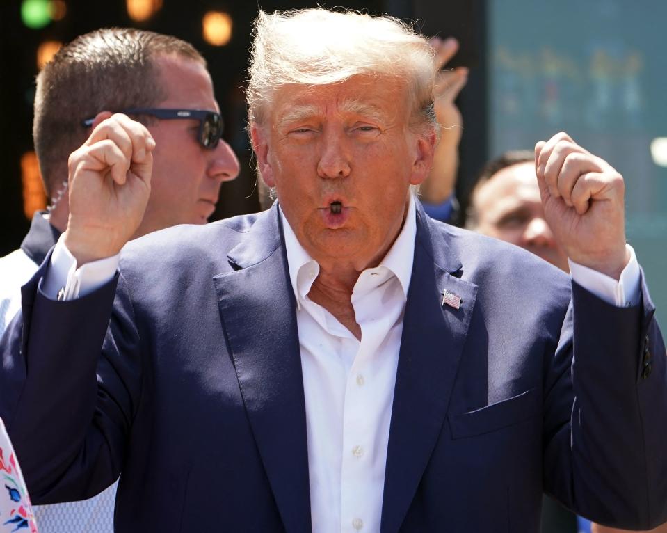 Former US President and 2024 presidential hopeful Donald Trump leaves after speaking at the Iowa State Fair in Des Moines, Iowa, on August 12, 2023. (Stefani Reynolds/AFP via Getty Images)