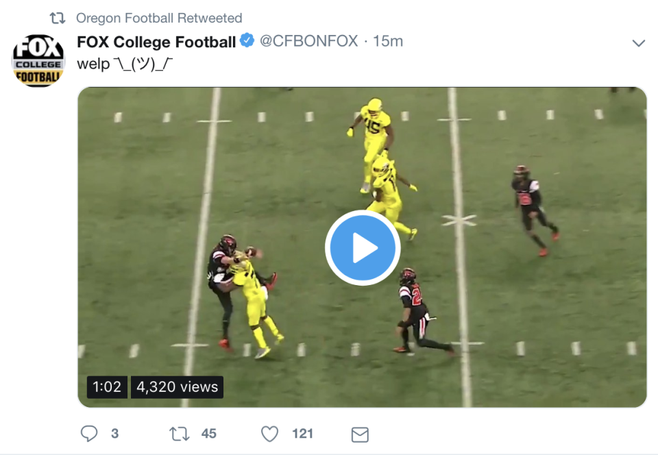 Oregon enjoyed Oregon State’s mistake. (Screenshot)
