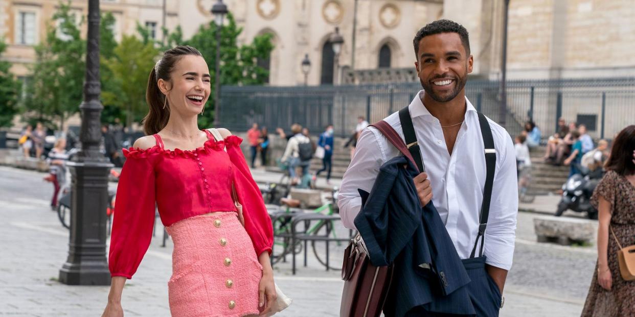 lily collins as emily, lucien laviscount as alfie, emily in paris, season 2