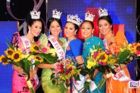 Miss World Philippines 2012 Queeneerich Rehman (center) of Las Pinas joins (from left) 3rd Princess April Love Jordan of Tondo, 1st Princess Maryanne Ross Misa of Paranaque, 2nd Princess Vanessa Claudine Amman of Cebu, and 4th Princess Brenna Cassandra Gamboa of Batangas, during the Miss World Philippines 2012 coronation night held at the Manila Hotel on 24 June 2012. (NPPA Images)