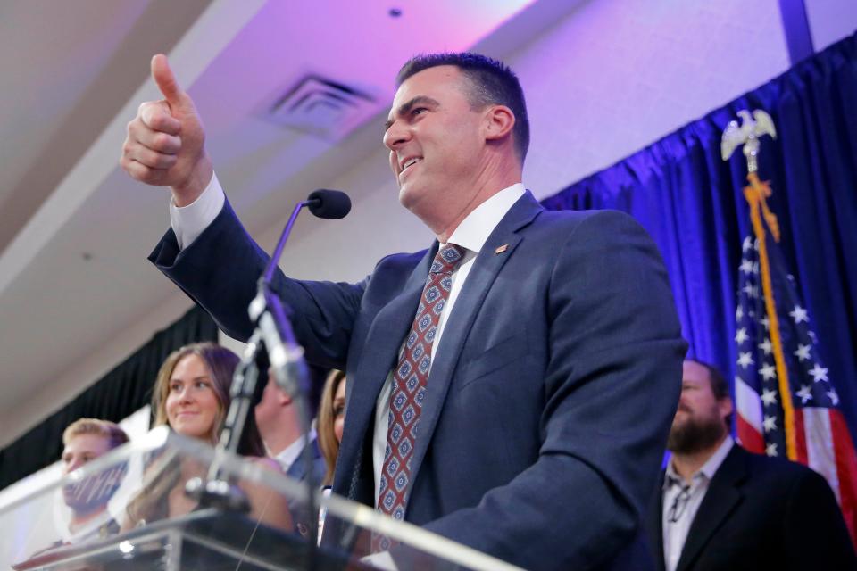 Gov. Kevin Stitt talks to the crowd during a GOP election night watch party to speak to a crowd after winning the Oklahoma gubernatorial race in Oklahoma City, Tuesday, Nov. 8, 2022.