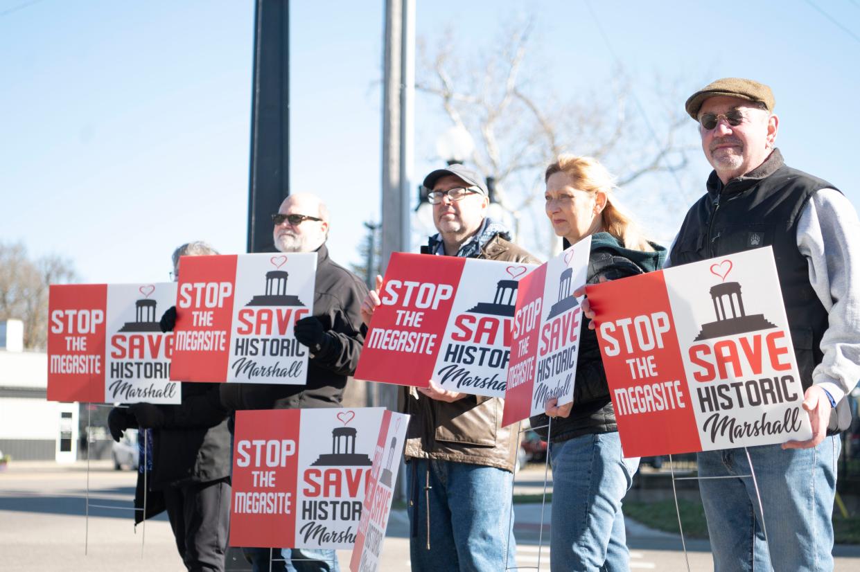 Protesters gather outside of Marshall City Hall to oppose development of the Marshall Megasite on Monday, Feb. 13, 2023.