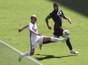 England's Phil Foden attempts to control the ball as Croatia's Duje Caleta-Car, right, watches during the Euro 2020 soccer championship group D match between England and Croatia at Wembley stadium in London, Sunday, June 13, 2021. (AP Photo/Catherine Ivill, Pool)