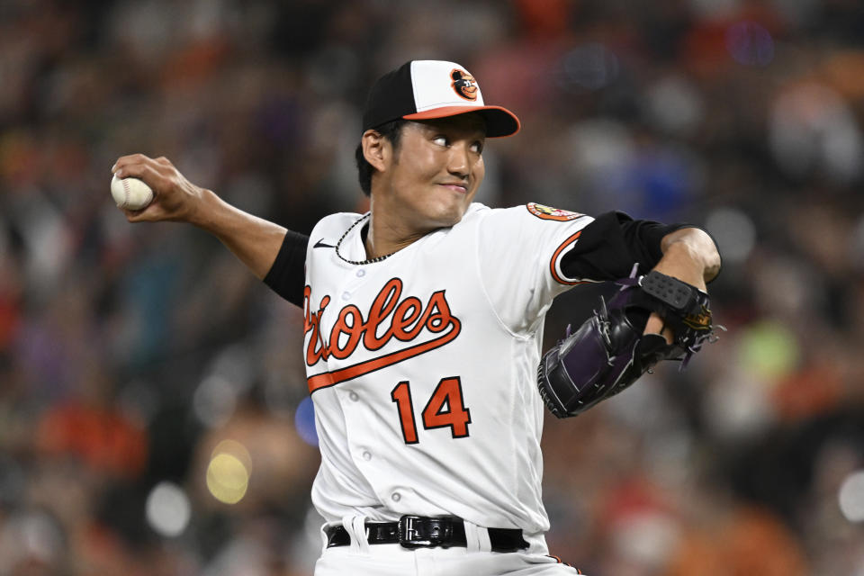 Baltimore Orioles pitcher Shintaro Fujinami delivers againstNew York Yankees in the sixth inning of a baseball game Sunday, July 30, 2023, in Baltimore .The Orioles won 9-3. (AP Photo/Gail Burton)