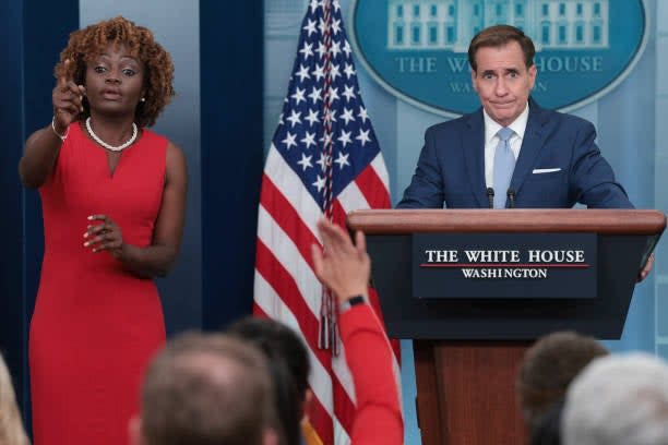 White House press secretary Karine Jean-Pierre calls on reporters with National Security Council Coordinator for Strategic Communications John Kirby (R) during the daily briefing on 26 July 2023 in Washington, DC (Getty Images)