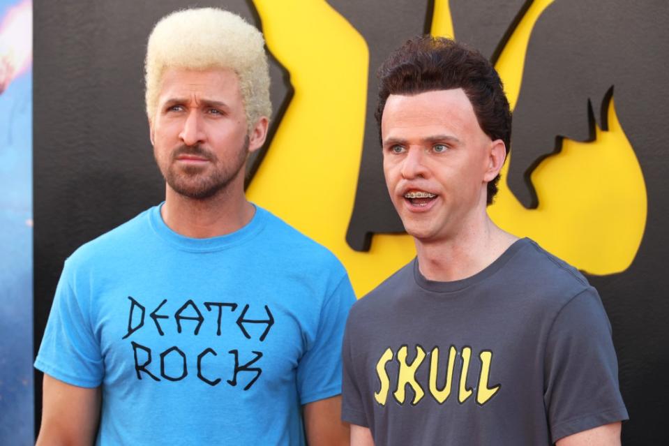 Ryan Gosling (L) and Mikey Day dressed as Beavis and Butt-Head from “Beavis and Butt-Head” at the Los Angeles premiere of Universal Pictures “The Fall Guy” at Dolby Theatre on April 30, 2024 in Hollywood, California. FilmMagic