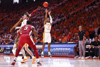 Tennessee guard Kennedy Chandler (1) shoots during the first half of an NCAA college basketball game against Arkansas, Saturday, March 5, 2022, in Knoxville, Tenn. (AP Photo/Wade Payne)