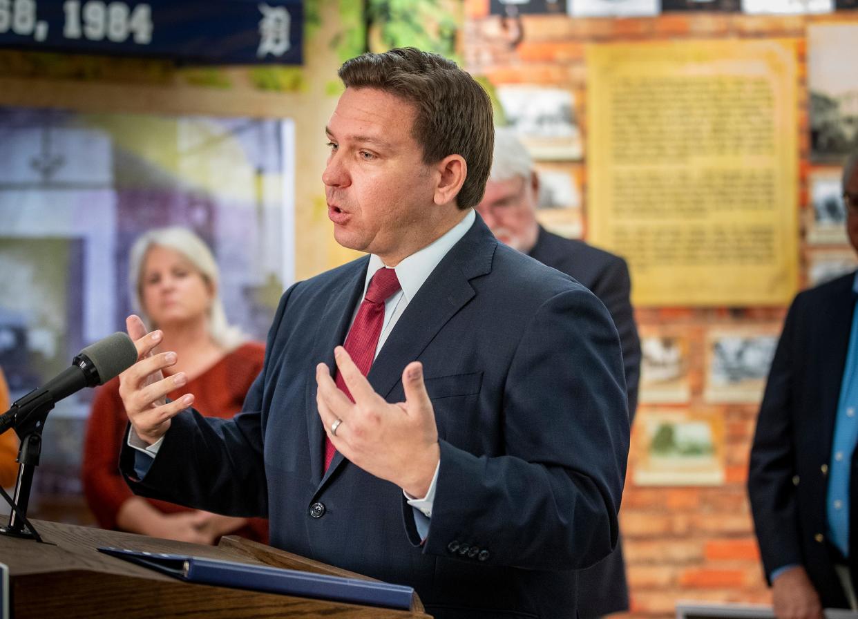 Florida Governor Ron DeSantis talks about infrastructure projects for the City of Fort Meade during a press conference at the Bartow History Center in Bartow Fl. Tuesday February 8,  2022.  ERNST PETERS/ THE LEDGER