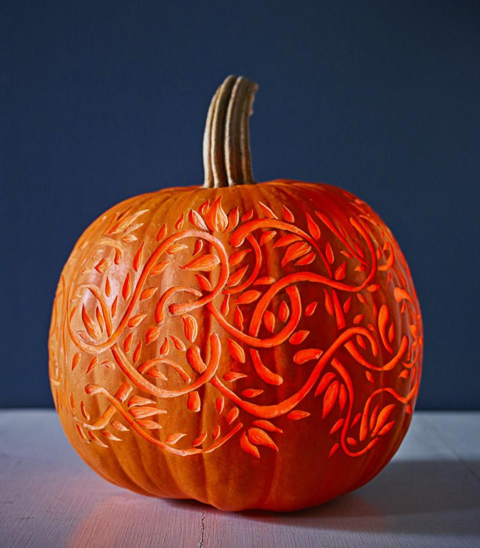 <p>Here's a pro trick for nailing this glowing 3D effect: Use a lemon zester, clay loop, or linoleum cutter to carve into — but not through — the top layer of pumpkin skin. </p>