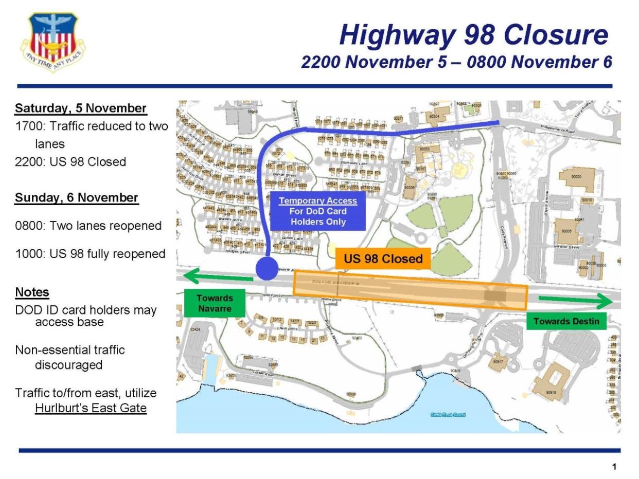 A portion of U.S. Highway 98 at Hurlburt Field will be closed Saturday evening and Sunday morning to allow crews to replace a pedestrian overpass that spans the highway.