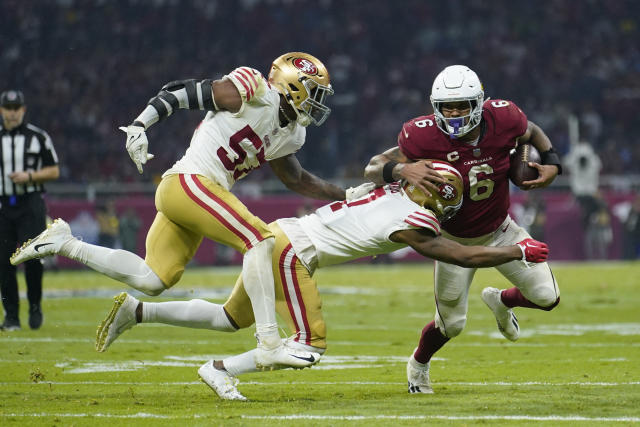 November 07, 2021: Arizona Cardinals running back Eno Benjamin (26) is  tackled, during a NFL football game between the Arizona Cardinals and the  San Francisco 49ers at the Levi's Stadium in Santa