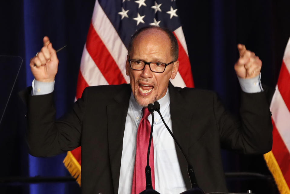 FILE - In this this Nov. 6, 2018, file photo, Tom Perez, Chairman of the Democratic National Committee, introduces Minority Leader Nancy Pelosi of Calif., as he speaks about Democratic wins in the House of Representatives to a crowd of Democratic supporters in Washington. Perez is staring ahead at the prospects of a long and potentially divisive presidential primary fight that will define his tenure as Democratic National Committee chairman. (AP Photo/Jacquelyn Martin, File)