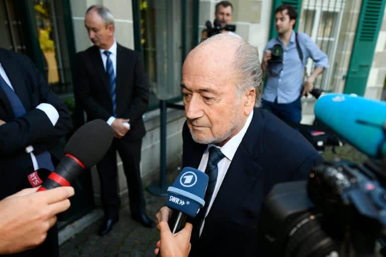 Former FIFA President Sepp Blatter (R) arrives for his appeal at the Court of Arbitration for Sport (CAS), seeking to overturn his suspension from football, on August 25, 2016 in Lausanne, Switzerland