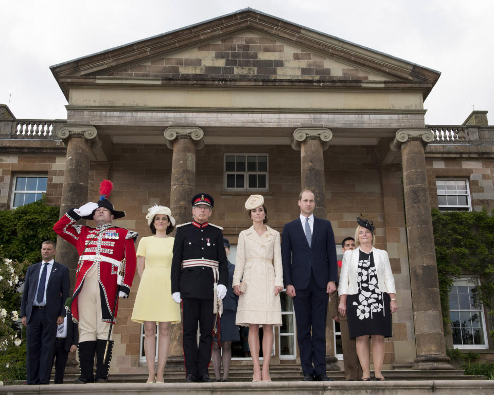 BELFAST, NORTHERN IRELAND - JUNE 14:  Catherine, Duchess of Cambridge and Prince William, Duke of Cambridge attend the Secretary of State's annual Garden party at Hillsborough Castle on June 14, 2016 in Belfast, Northern Ireland.  (Photo by UK Press Pool/UK Press via Getty Images)