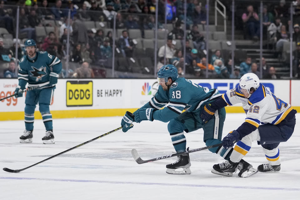 San Jose Sharks defenseman Mario Ferraro (38) moves the puck while defended by St. Louis Blues right wing Kasperi Kapanen, right, during the first period of an NHL hockey game in San Jose, Calif., Thursday, March 2, 2023. (AP Photo/Godofredo A. Vásquez)