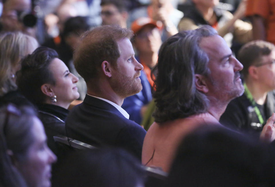 Prince Harry attends the keynote "Breaking Barriers, Shaping Narratives: How Women Lead On and Off the Screen" where his wife, Meghan, not pictured, took part in on the first day of the South by Southwest Conference on Friday, March 8, 2024, in Austin, Texas. (Photo by Jack Plunkett/Invision/AP)