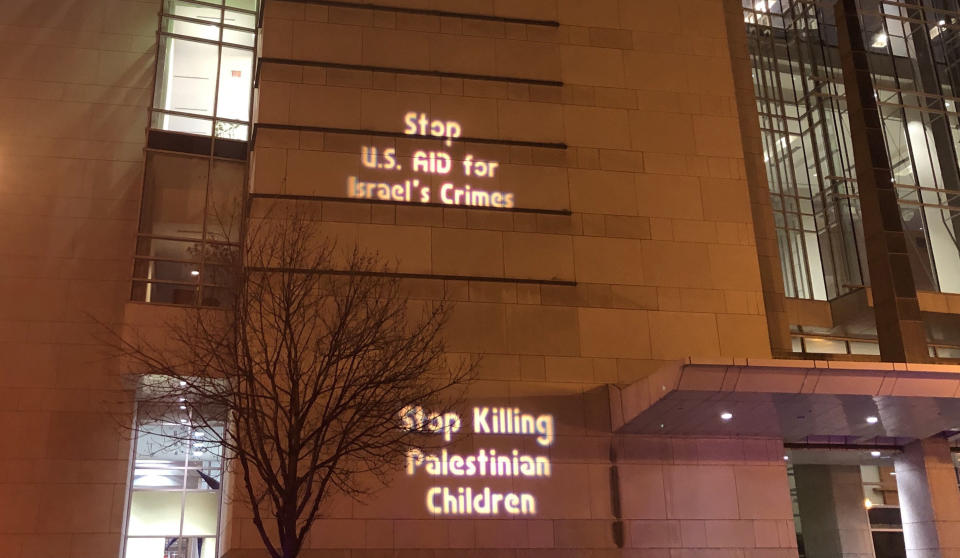 Protest messages during AIPAC in Washington, DC. (Photo: Alexander Nazaryan/Yahoo News) 