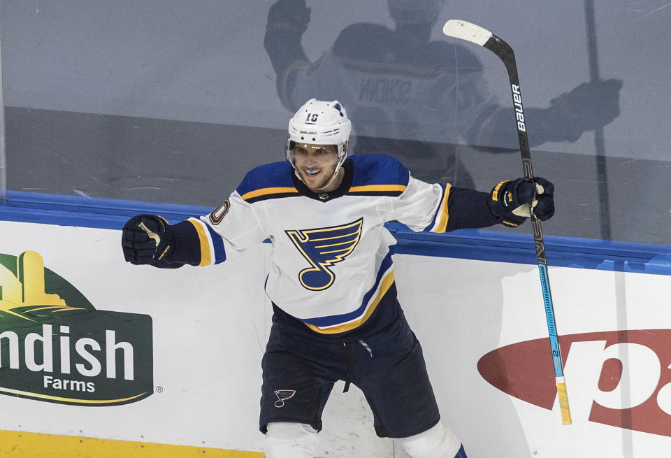 St. Louis Blues' Brayden Schenn celebrates an overtime goal against the Vancouver Canucks in Game 3 of an NHL hockey first-round playoff series, Sunday, Aug. 16, 2020, in Edmonton, Alberta. (Jason Franson/The Canadian Press via AP)