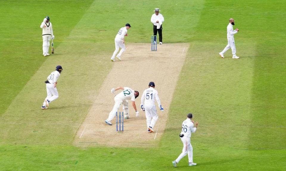 Moeen Ali celebrates after bamboozling Cameron Green with a ball that turned sharply to hit the top of middle stump