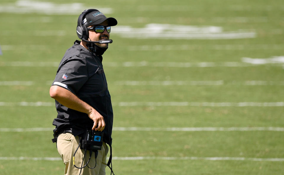 Panthers coach Matt Rhule lost his first game as NFL head coach. (Photo by Grant Halverson/Getty Images)