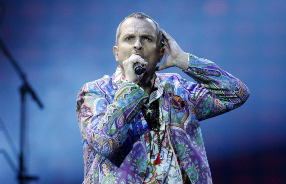 FILE - This Feb. 26, 2013 file photo shows singer Miguel Bose, of Spain, performing at the Vina del Mar International Song Festival in Vina del Mar, Chile. Bose will be honored as person of the year by the Latin Recording Academy at a concert and tribute gala on Wednesday, Nov. 20 at the Mandalay Bay Convention Center in Las Vegas. (AP Photo/Luis Hidalgo, file)