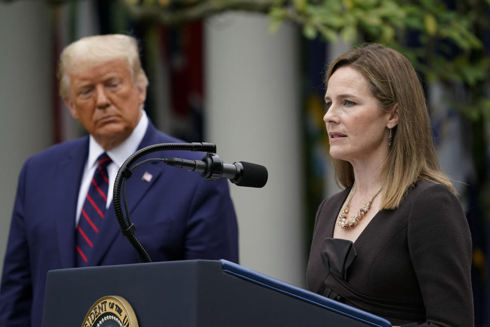 Judge Amy Coney Barrett speaks after President Donald Trump announced Barrett as his nominee to the Supreme Court, in the Rose Garden at the White House, Saturday, Sept. 26, 2020, in Washington. (AP Photo/Alex Brandon)