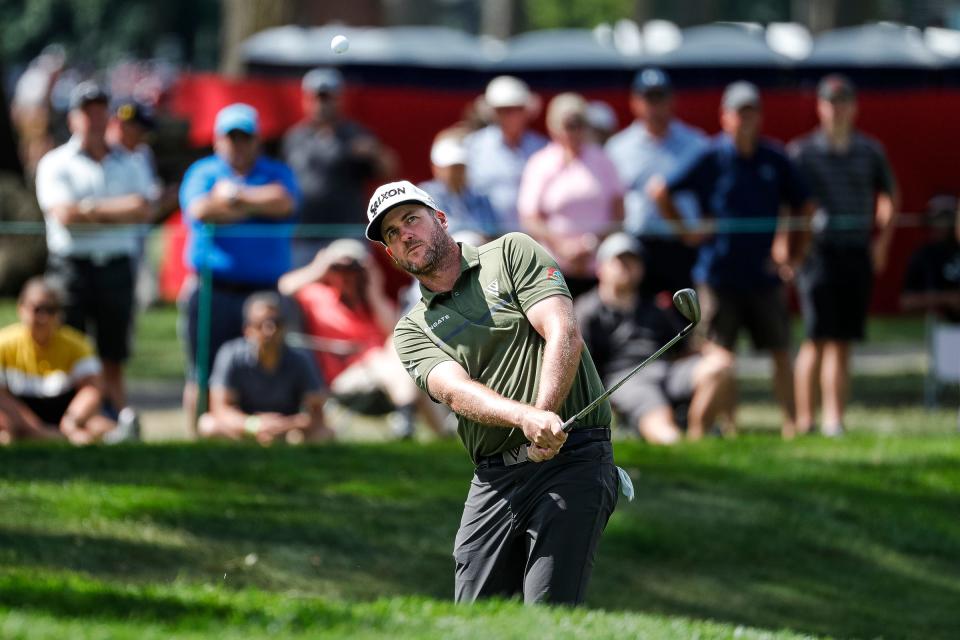Taylor Pendrith hits the ball out of the rough on the ninth hole during Round 2 of the Rocket Mortgage Classic at the Detroit Golf Club in Detroit on Friday, July 29, 2022.