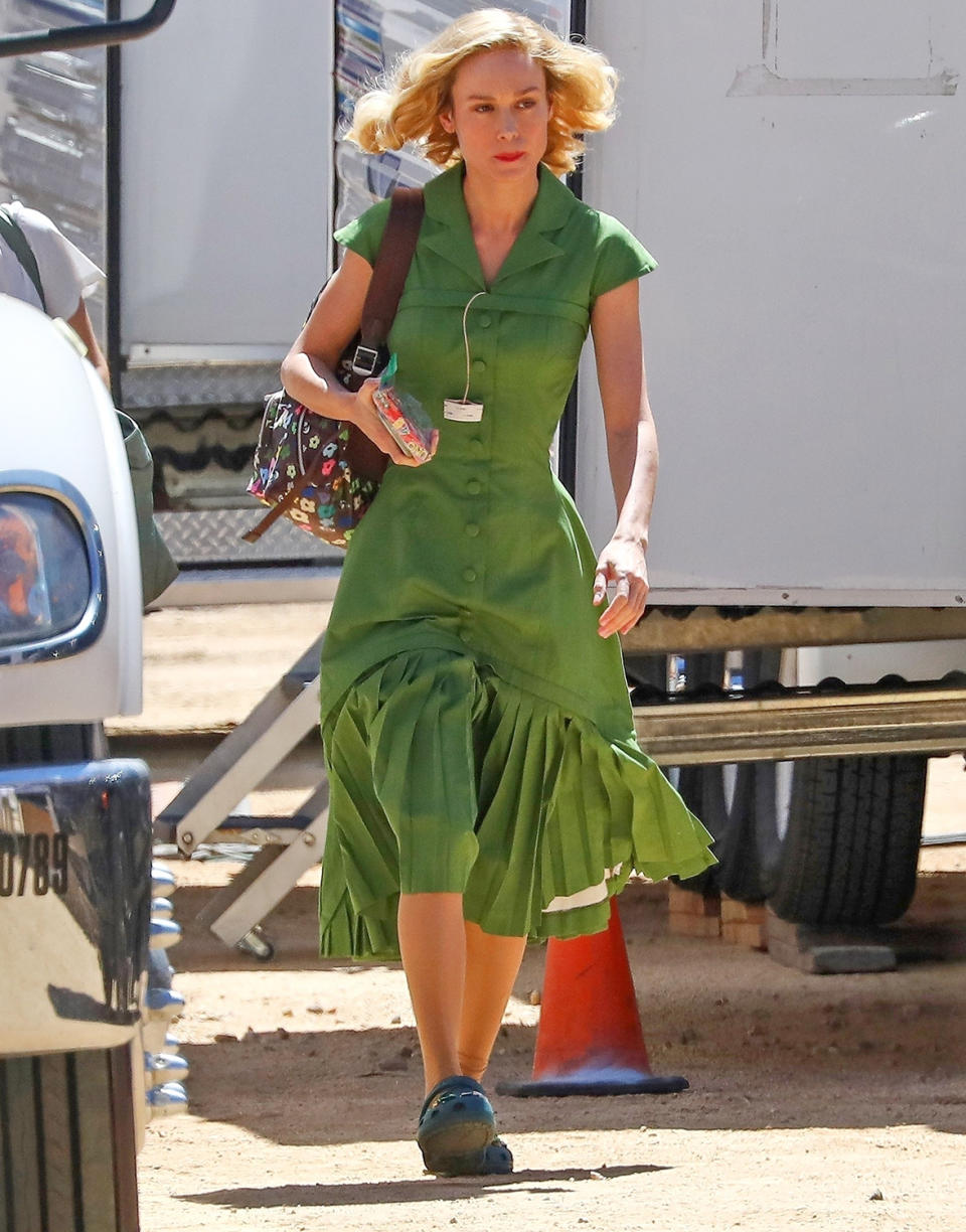 <p>Brie Larson hits the set of her latest project, <em>Lessons in Chemistry, </em>in Los Angeles on Aug. 11. </p>