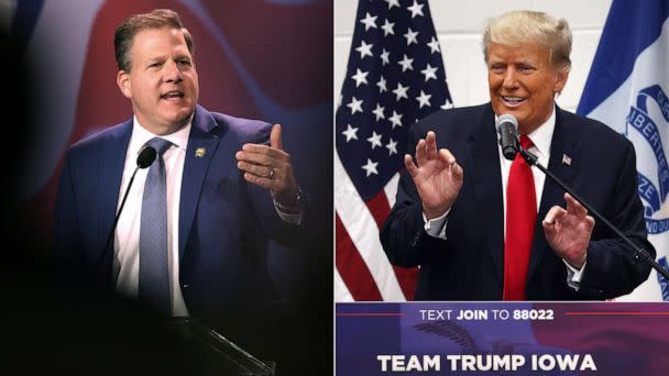 PHOTO: New Hampshire Gov. Chris Sununu speaks on Nov. 19, 2022 in Las Vegas; and former President Donald Trump greets supporters on June 1, 2023 in Grimes, Iowa. (Scott Olson/Getty Images)