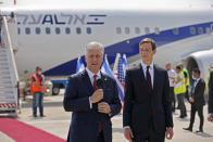 U.S. Presidential Adviser Jared Kushner, right, listens to US National Security Adviser Robert O'Brien speaking ahead of boarding the El Al's flight, which will carry an Israeli-American delegation from Tel Aviv to Abu Dhabi, at the Ben Gurion Airport near Tel Aviv, Israel Monday, Aug. 31, 2020. (Menahem Kahana/Pool Photo via AP)