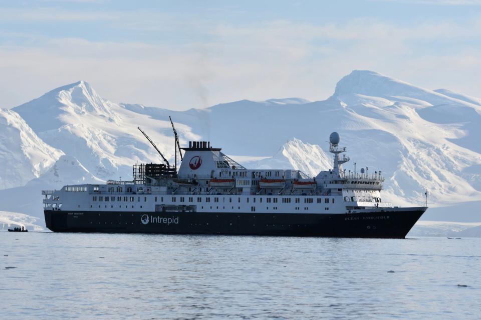 A cruise ship labeled Intrepid in Antarctic waters