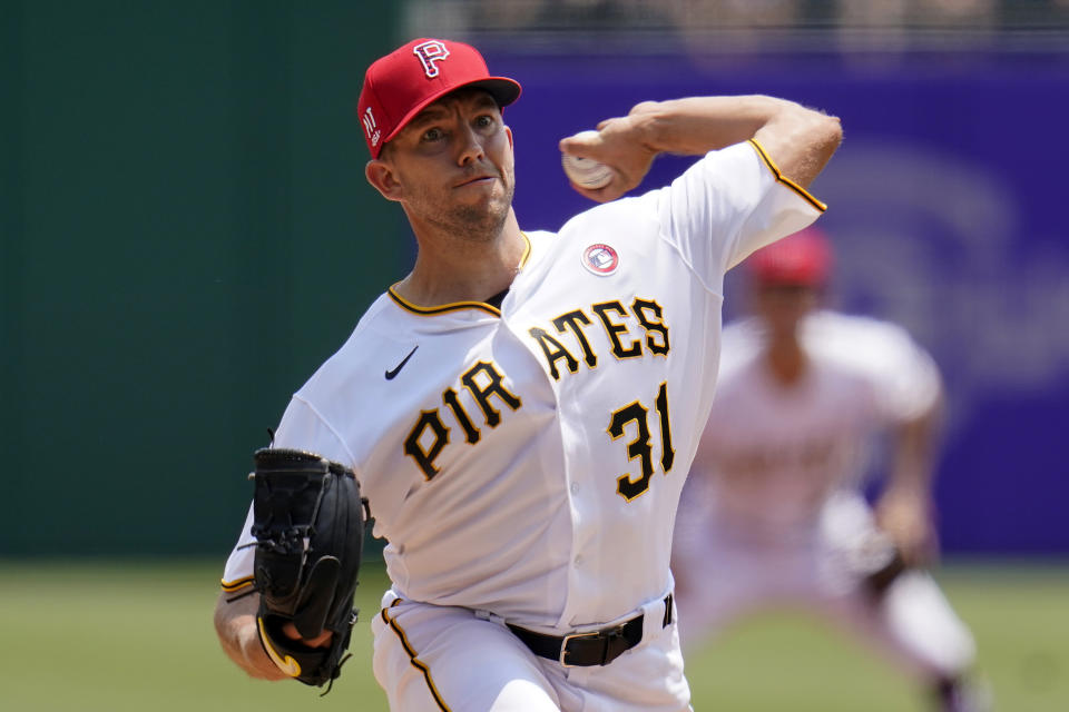 Pittsburgh Pirates starting pitcher Tyler Anderson delivers during the first inning of a baseball game against the Milwaukee Brewers in Pittsburgh, Sunday, July 4, 2021. (AP Photo/Gene J. Puskar)